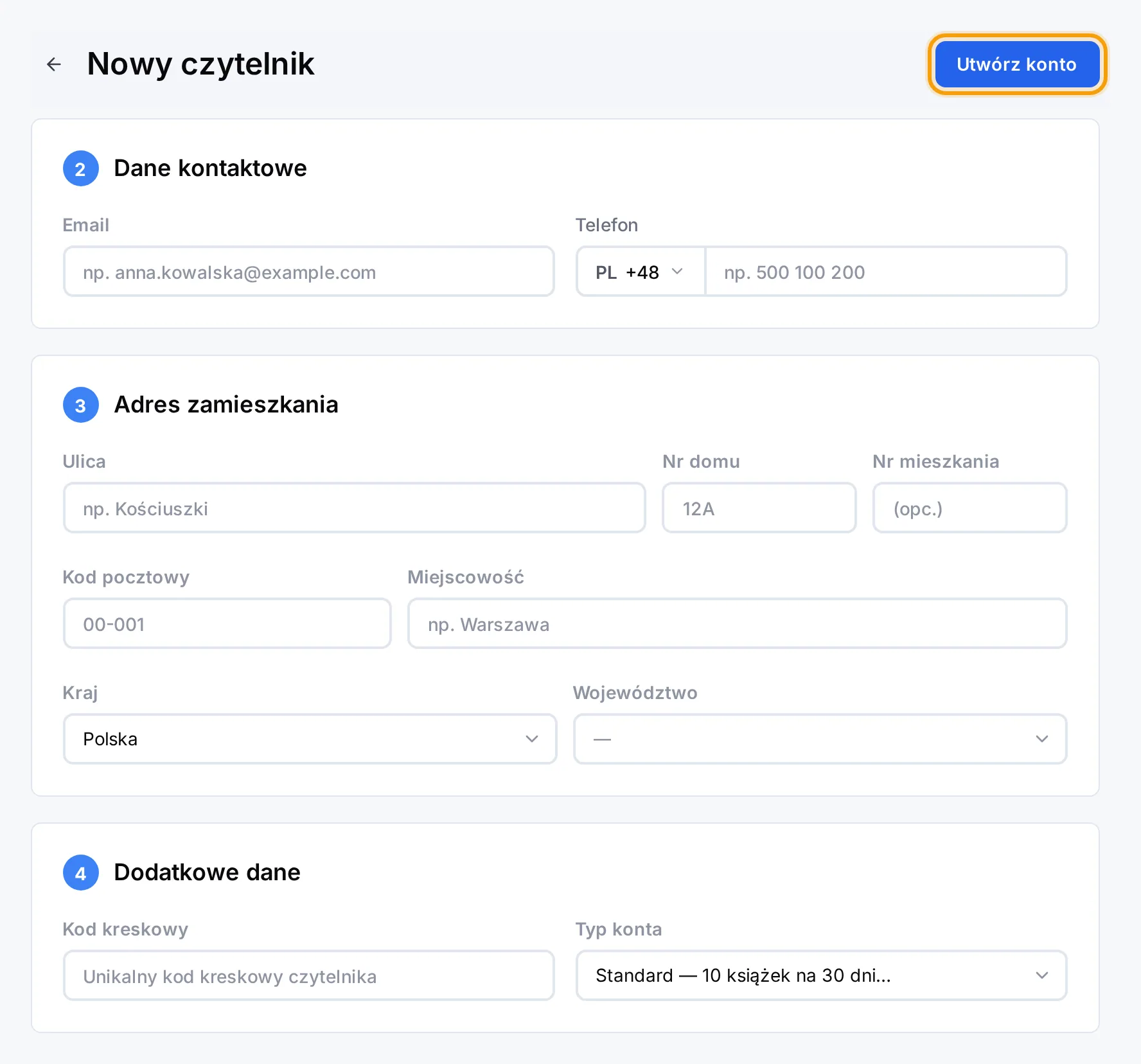Dolna część formularza z polami Kod kreskowy i Typ konta oraz przyciskiem Utwórz konto