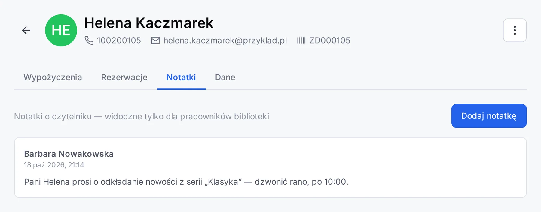 Zakładka Notatki z jedną notatką o czytelniczce