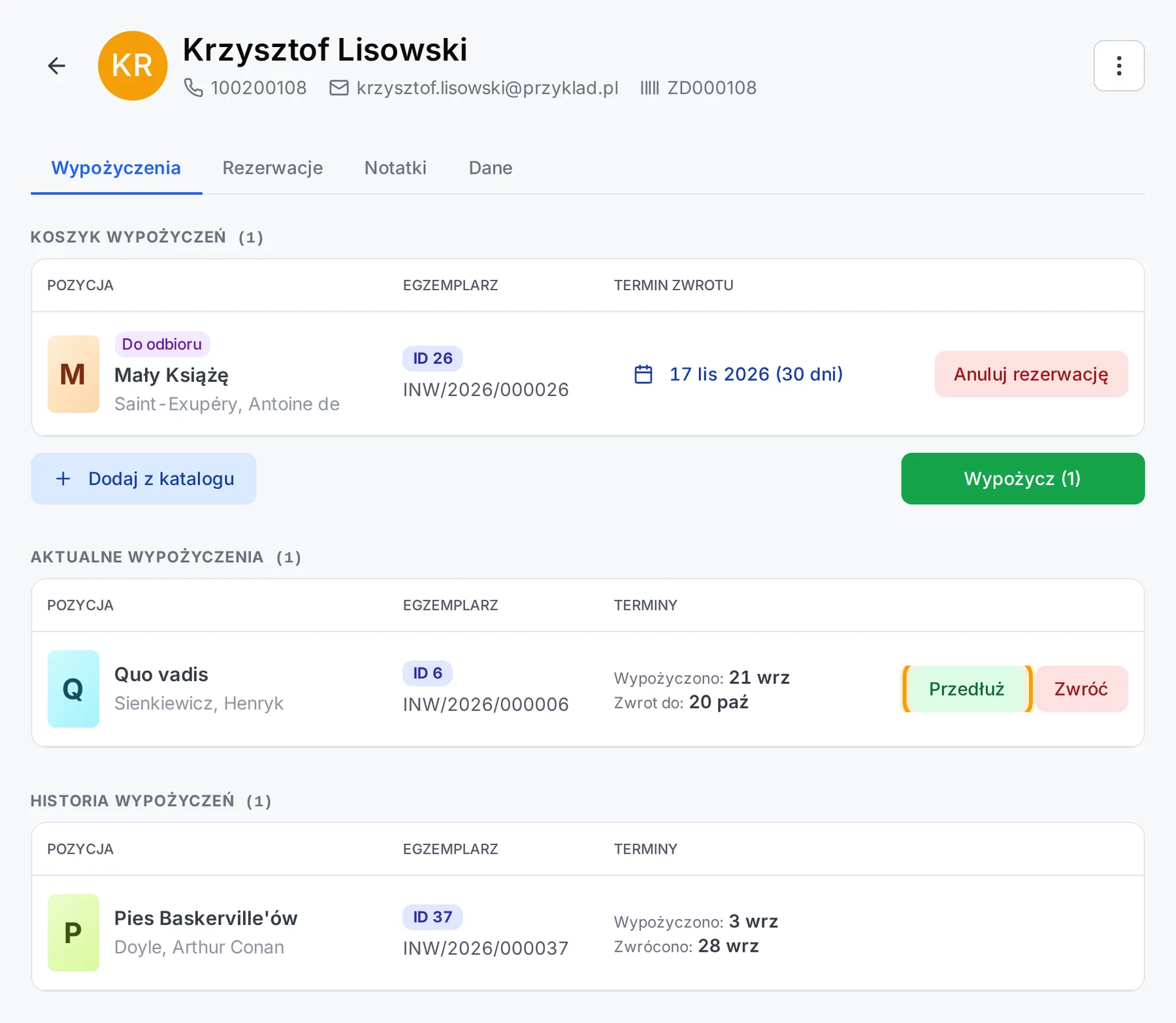 Karta czytelnika — przycisk Przedłuż przy wypożyczonej książce