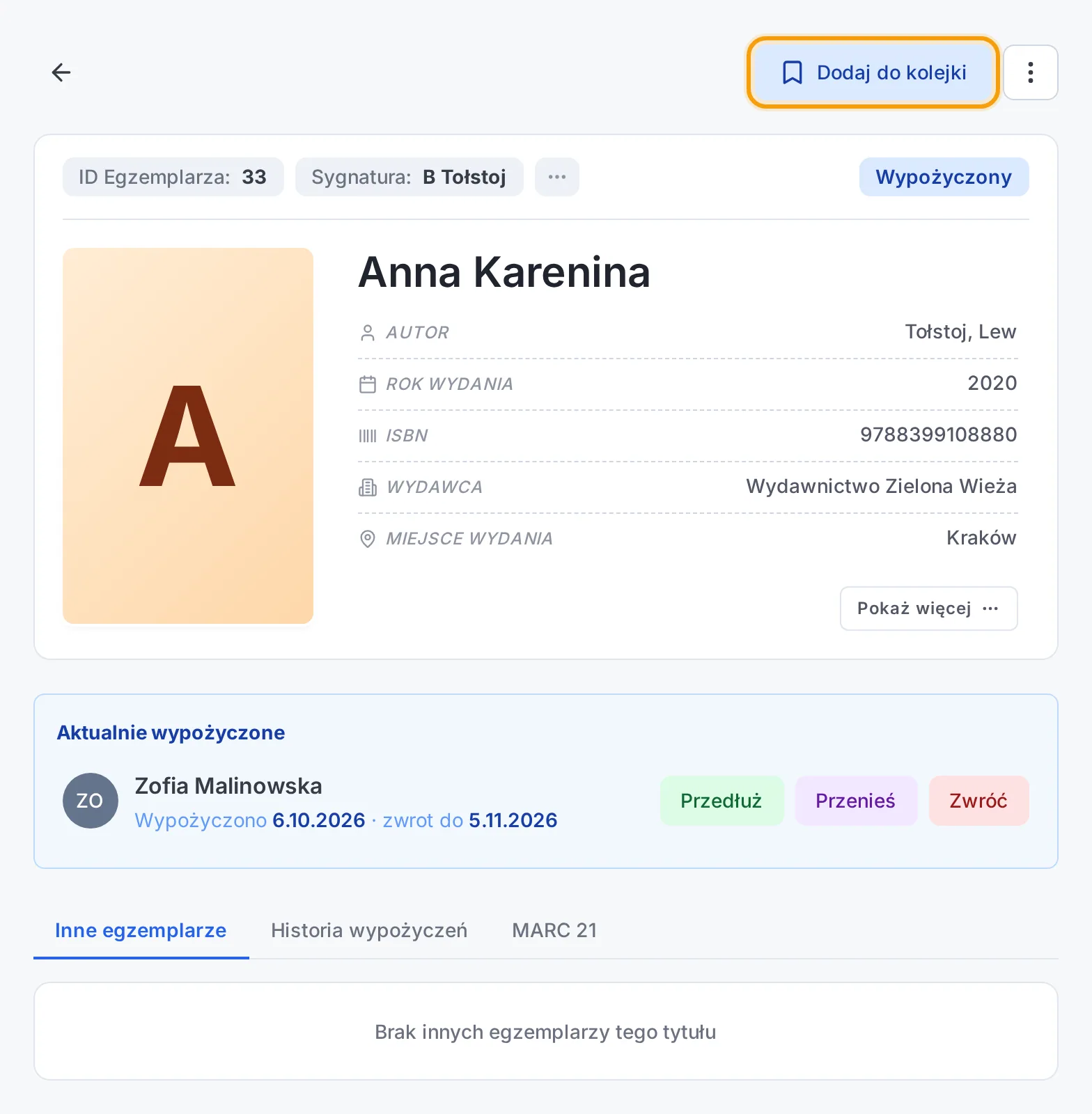 Strona wypożyczonego egzemplarza z przyciskiem Dodaj do kolejki