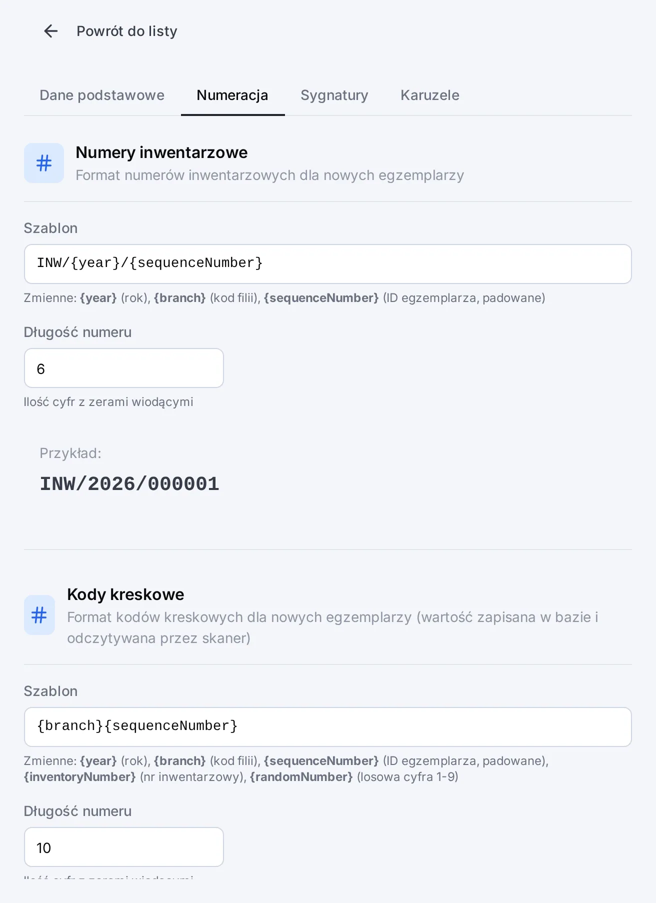 Edycja filii — zakładka Numeracja z szablonem numerów inwentarzowych i kodów kreskowych