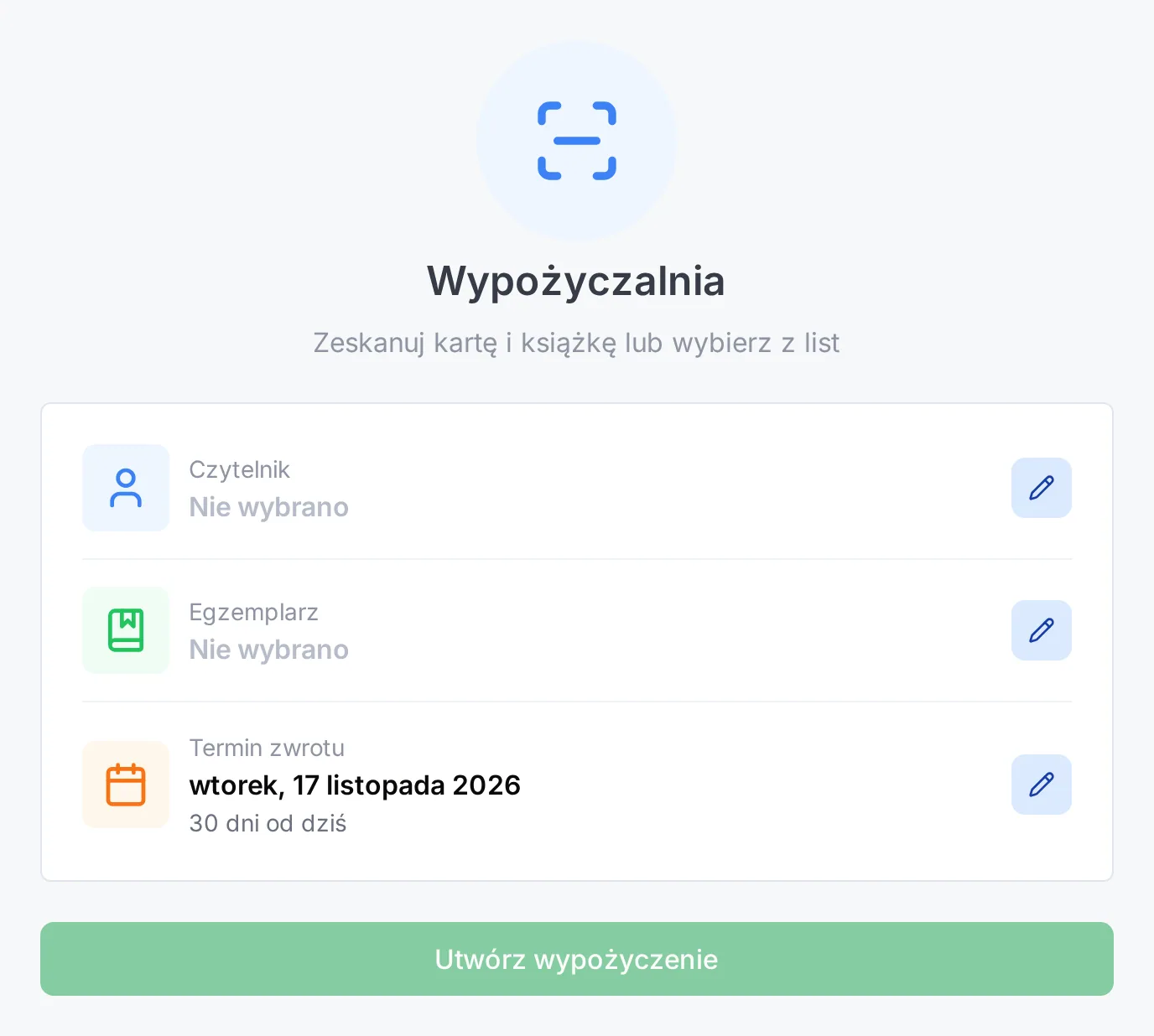 Ekran Wypożyczalnia z polami Czytelnik, Egzemplarz i Termin zwrotu