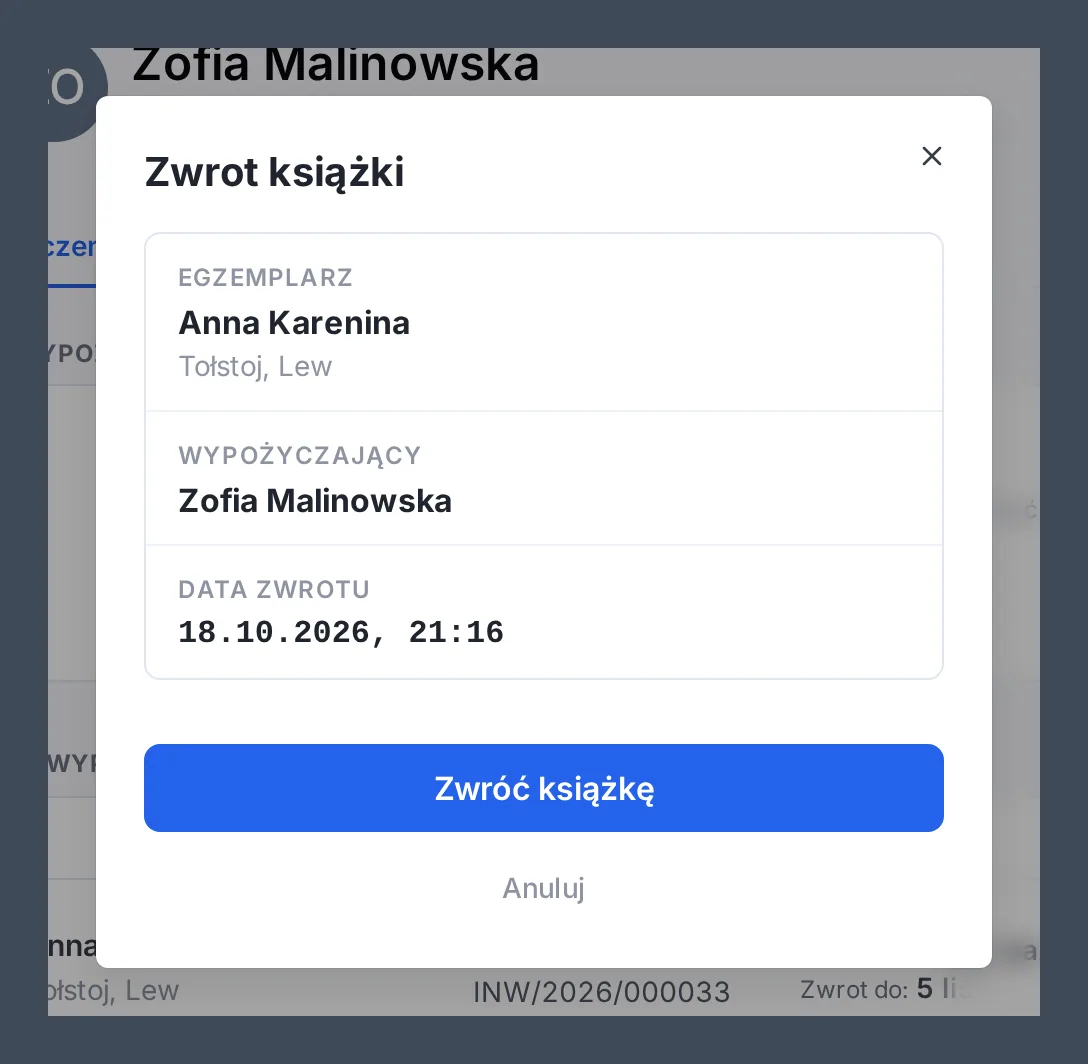 Okno Zwrot książki z tytułem, nazwiskiem czytelniczki, datą zwrotu i przyciskiem Zwróć książkę