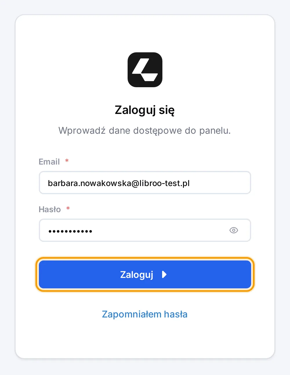 Ekran logowania z polami Email i Hasło oraz przyciskiem Zaloguj