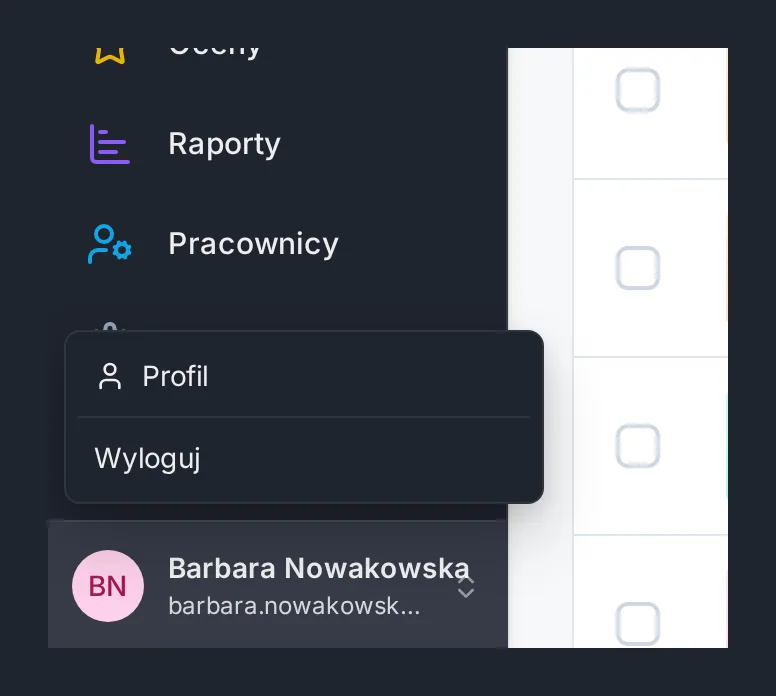 Rozwinięte menu profilu z opcjami Profil i Wyloguj